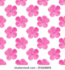 Hibiscus. Seamless pattern with flowers. Hand-drawn background. Vector illustration. Real watercolor drawing.