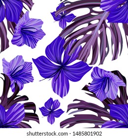 Hibiscus seamless pattern. Palm leaf. Flower background