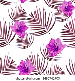 Hibiscus seamless pattern. Palm leaf. Flower background