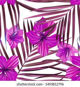 Hibiscus seamless pattern. Palm leaf. Flower background