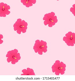Hibiscus seamless pattern. Pink flower on peach colored isolated background.