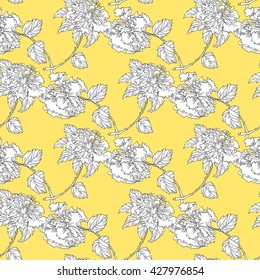 Hibiscus seamless pattern. Roses pattern. Hibiscus blooming branch on a yellow background. Hibiscus, roses vector illustration. Chinoiserie. All over print.