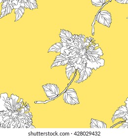 Hibiscus seamless pattern. Roses pattern. Hibiscus blooming branch on a yellow background. Hibiscus, roses vector illustration. Chinoiserie. All over print.
