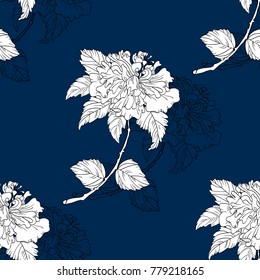 Hibiscus seamless pattern. Roses pattern. Hibiscus blooming branches  vector illustration. Chinoiserie. All over print.