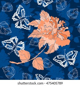 Hibiscus seamless pattern. Roses pattern. Butterflies and  hibiscus blooming branch on a navy blue background. Butterfly and roses vector illustration. Chinoiserie. All over print.