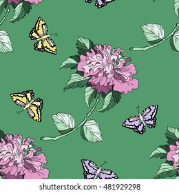 Hibiscus seamless pattern. Roses pattern. Butterflies and  hibiscus blooming branch on a green background. Butterfly and roses vector illustration. Chinoiserie. All over print.