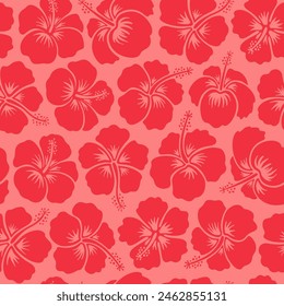 Hibiskus nahtlose Muster tropische Blumen wiederholen Design. Hellrosa-rote Hibiskus-Muster-Vektorillustration. Hawaiianische Retro-Textildruck abstrakte Blumen. Tropische Blüte für Aloha Hemdstoff.