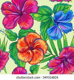 hibiscus seamless tropical bright pattern