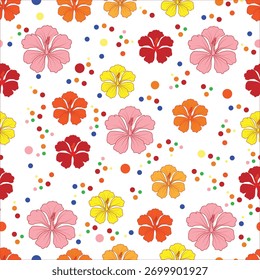 Hibiscus sin fisuras, patrón de flores tropicales, flor dibujada a mano, repetición de hojas de colores, Ilustración vectorial de jardín de verano, fondo moderno decorativo.