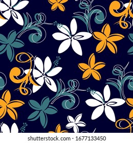 HIBISCUS SEAMLESS.SUMMER PATTERN WITH BLACK BACKGROUND.