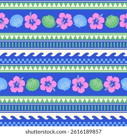 Hibiscus, seashell and geometric elements with stripes seamless pattern design for summer holidays background.