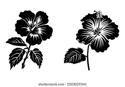 Hibiscus Silhouette Black Clipart Set, Hibiscus Flower Silhouettes Vector Set