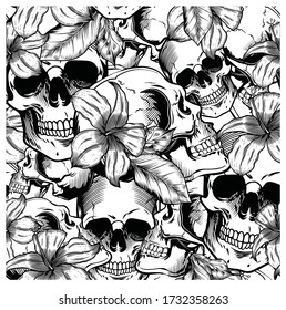 Hibiscus and skull pattern design in black and white colors.vectur eps. 10.