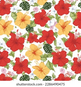 Hibiscus small flower seamless pattern. Fabric motif texture repeated. Floral orchids, peonies, lilies, small bouquet white. Palm leaves and monstered on red color.