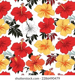 Hibiscus small flower seamless pattern. Fabric motif texture repeated. Floral orchids, peonies, lilies, small bouquet white. Palm leaves and monstered on red color.