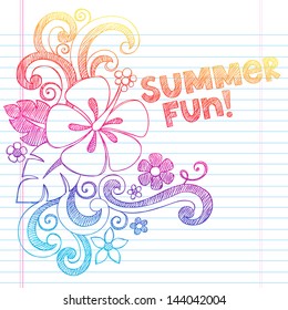 Hibiscus Summer Fun Tropical Vacation Sketchy Notebook Doodles Vector Illustration on Lined Sketchbook Paper Background