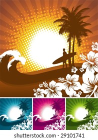 Hibiscus and surfer silhouettes