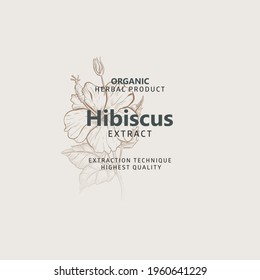 Hibiscus symbol natural logo, brand identity in line sketch style. Vector Hibiscus flower logo. Hand drawn nature floral label. Hibiscus plant with flowers - Logo Template graphic sign element.