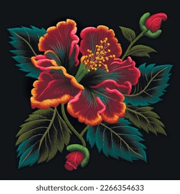 Hibiscus. Tapestry colorful hibiscus flowers, buds, leaves pattern. Embroidery floral vector illustration with beautiful stitch textured red hibiscus flower. Stitching lines surface texture.