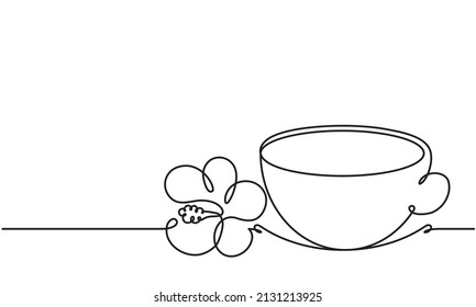 Té y flor hibiscus. Carcade. Esbozo vectorial. Dibujo continuo de líneas. Dibujo de línea de vector sobre fondo blanco o transparente