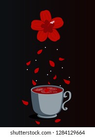 Hibiscus tea in glass cup with dried hibiscus calyces and red flower isolated on white background. Vector illustration of drink in simple cartoon flat style.