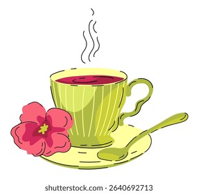 Hibiscus tea in a green striped cup. Porcelain cup with hot tea. Red hibiscus flower and spoon lie on a saucer. Elegant cup with steam. Vector illustration, isolated on white. Cute design. Cartoon 