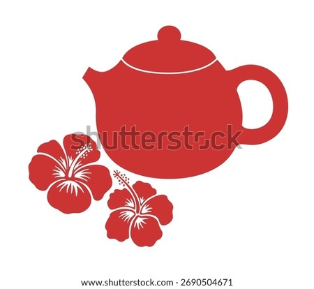 Hibiscus tea icon with cute teapot and red flowers. Silhouette vector illustration flat design. Good for logo, drink packaging, herbal floral tea label. Simple sign isolated on white background.