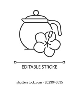 Hibiscus tea linear icon. Carcade beverage. Red tea from dried petals. Help reduce blood pressure. Thin line customizable illustration. Contour symbol. Vector isolated outline drawing. Editable stroke
