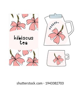 Hibiscus tea packaging design, teapot, cup. Hand drawn doodle illustration of healthy hot drink. Glass pot of herbal carcade tea with flowers for branding.