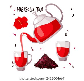 Hibiscus tea. Tea is poured from kettle into glass. Glass cup and teapot with tea, dry hibiscus petals, fresh flower. Delicious tea-party isolated on white background for party design, menu, store