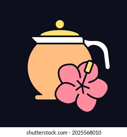 Hibiscus tea RGB color icon for dark theme. Carcade sour beverage. Red tea made from dried petals. Isolated vector illustration on night mode background. Simple filled line drawing on black