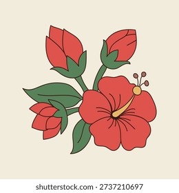 Hibiscus Tropical Bloom with Botanical Buds in Vintage Aesthetic