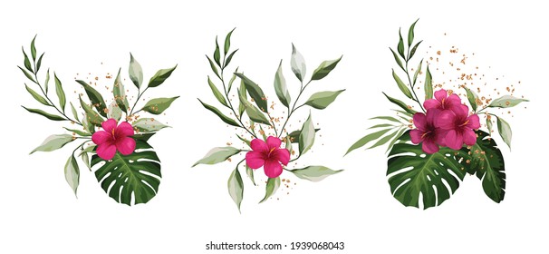 Hibiscus, tropical exotic leaves isolated on white background. Gold splashes of decoration. Realistic Plant Composition. Watercolor tropical floral bouquet set For wedding, greetings, fashion.