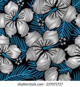 Hibiscus tropical floral embroidery seamless pattern .