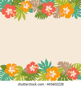 Hibiscus and tropical leaf border frame vector.