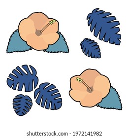 Hibiscus and tropical leaf illustration vector