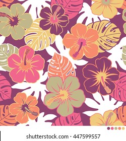 Hibiscus and tropical leaf pattern vector background