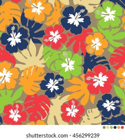 Hibiscus and tropical leaf pattern vector background