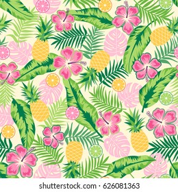 Hibiscus, tropical leaf, pineapple and citrus fruit seamless pattern background