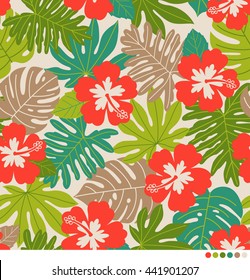 Hibiscus and tropical leaf seamless pattern vector