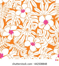Hibiscus and tropical leaf seamless pattern vector.