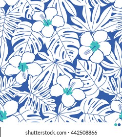 Hibiscus and tropical leaf seamless pattern vector.