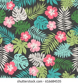 Hibiscus and tropical leaf seamless pattern background