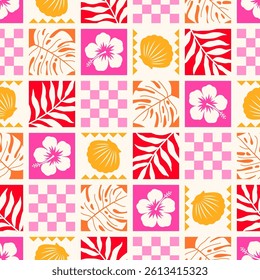 Hibiscus, tropical leaf, seashell with grid styled pattern design for summer holidays background.
