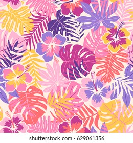 Hibiscus y la hoja tropical vectorial sin fisuras