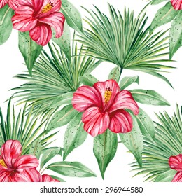 Hibiscus and tropical leaves, dense jungle. Seamless, hand-painted, watercolor pattern. Vector background