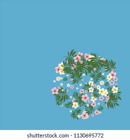 Hibiscus and tropical leaves on a blue background.