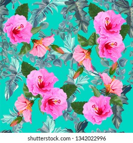 Hibiscus and tropical leaves seamless pattern -vector