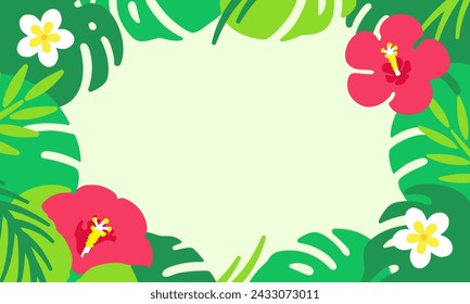 Hibiscus and tropical leaves. Tropical summer frame material.