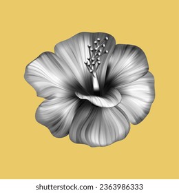 Hibiscus tropical monochrome collage. Realistic flower on yellow background. Fashion floral element. Jungle exotic print. Vector illustration.